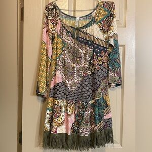 Compass Brand Poppy Tunic/ dress Size M Bohemian Patchwork with Fringe and beads